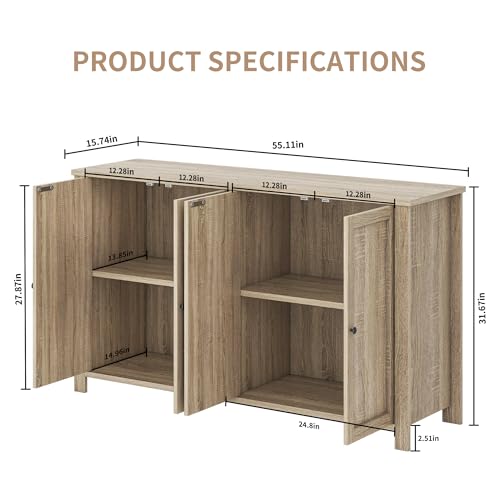 Buffet Cabinet with Storage Farmhouse Buffet Sideboard with 4 Doors, 55'' Large Kitchen Storage Cabinet Wood Coffee Bar Buffet Table for Kitchen