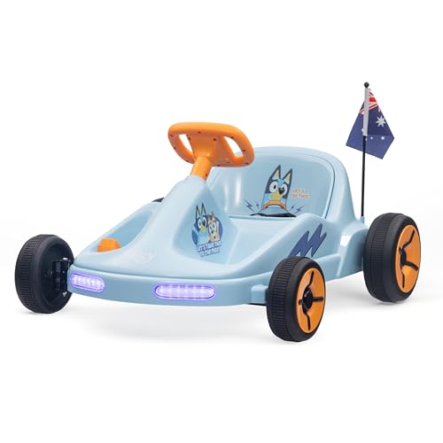 Bluey 12V Electric Go Kart for Kids, Electric Ride-On Toy with Lights, Seat Belt, Ages 3-6, Durable PVC and Iron Construction, Rechargeable Battery