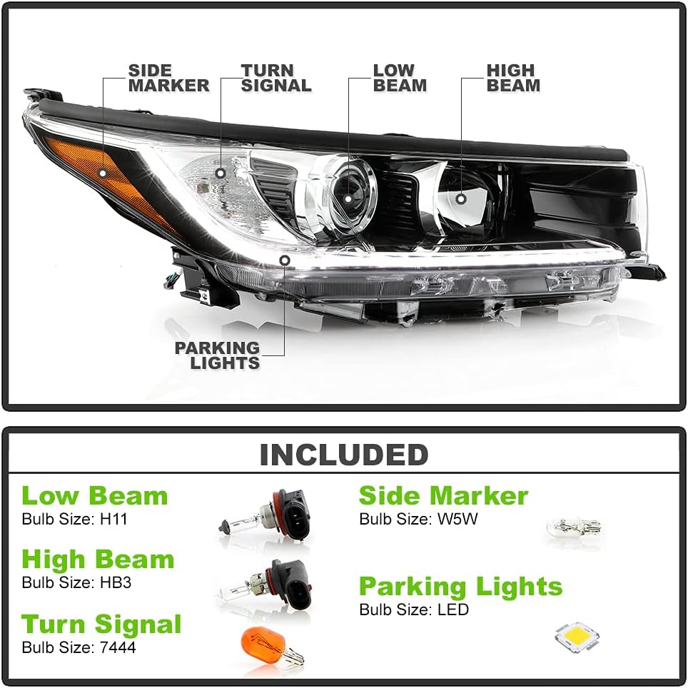 ACANII - For [LED DRL Model Only] 2017 2018 2019 Toyota Highlander LED DRL Projector Headlight Headlamp Passenger Side