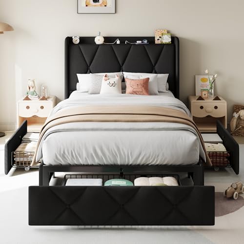 Queen Bed Frame with 4 Storage Drawers and Charging Station, Upholstered Platform Bed Frame with Storage Headboard, No Box Spring Needed