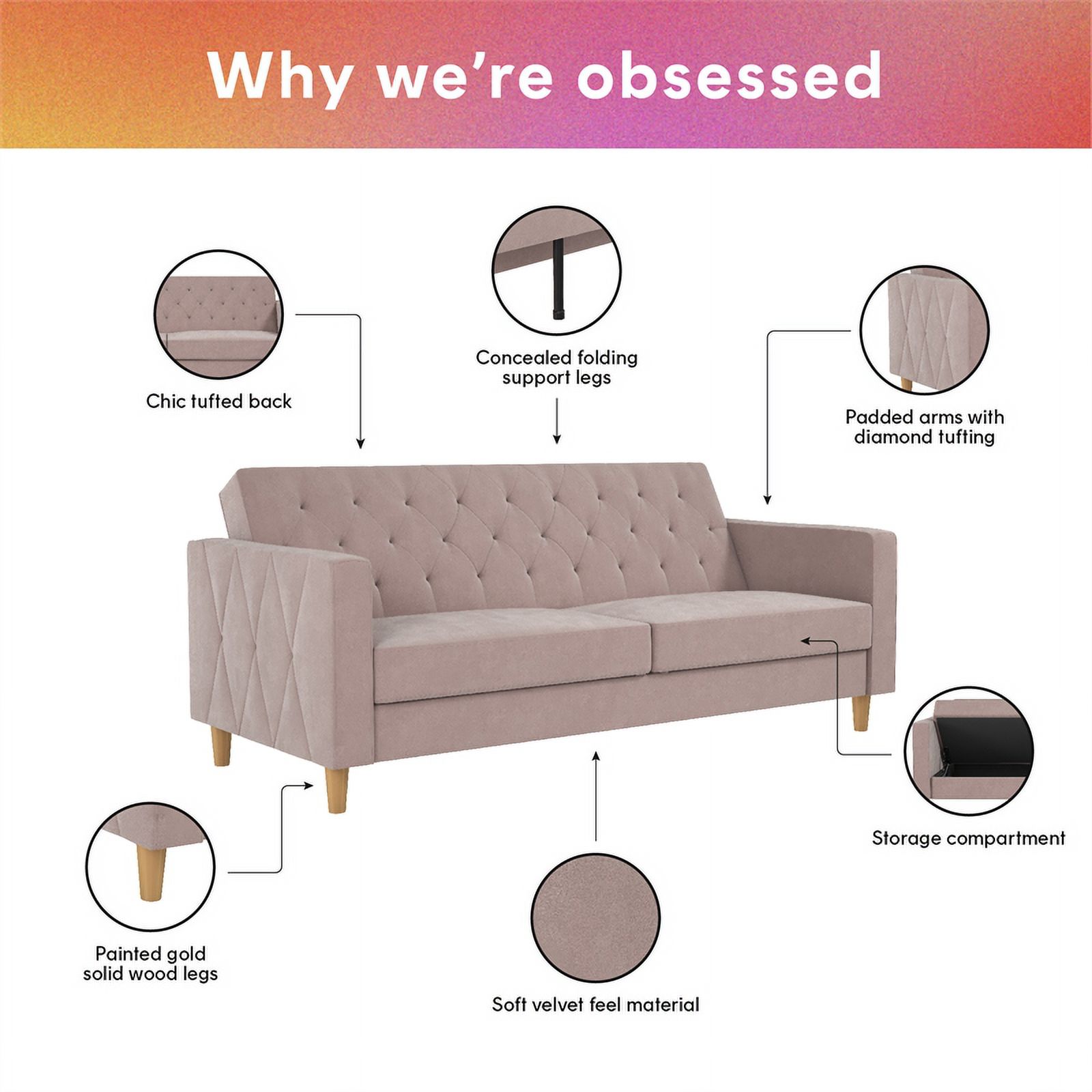 Pemberly Row Contemporary Futon with Storage in Blush Velvet