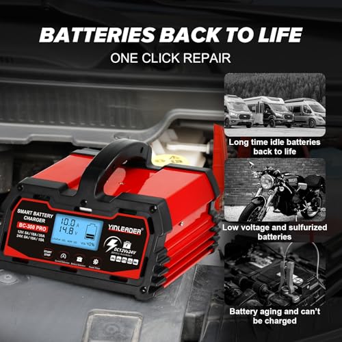 Battery Charger 40A, 12V/24V Lead Acid Smart Battery Charger, 12V LiFePO4 Car Battery Trickle Charger