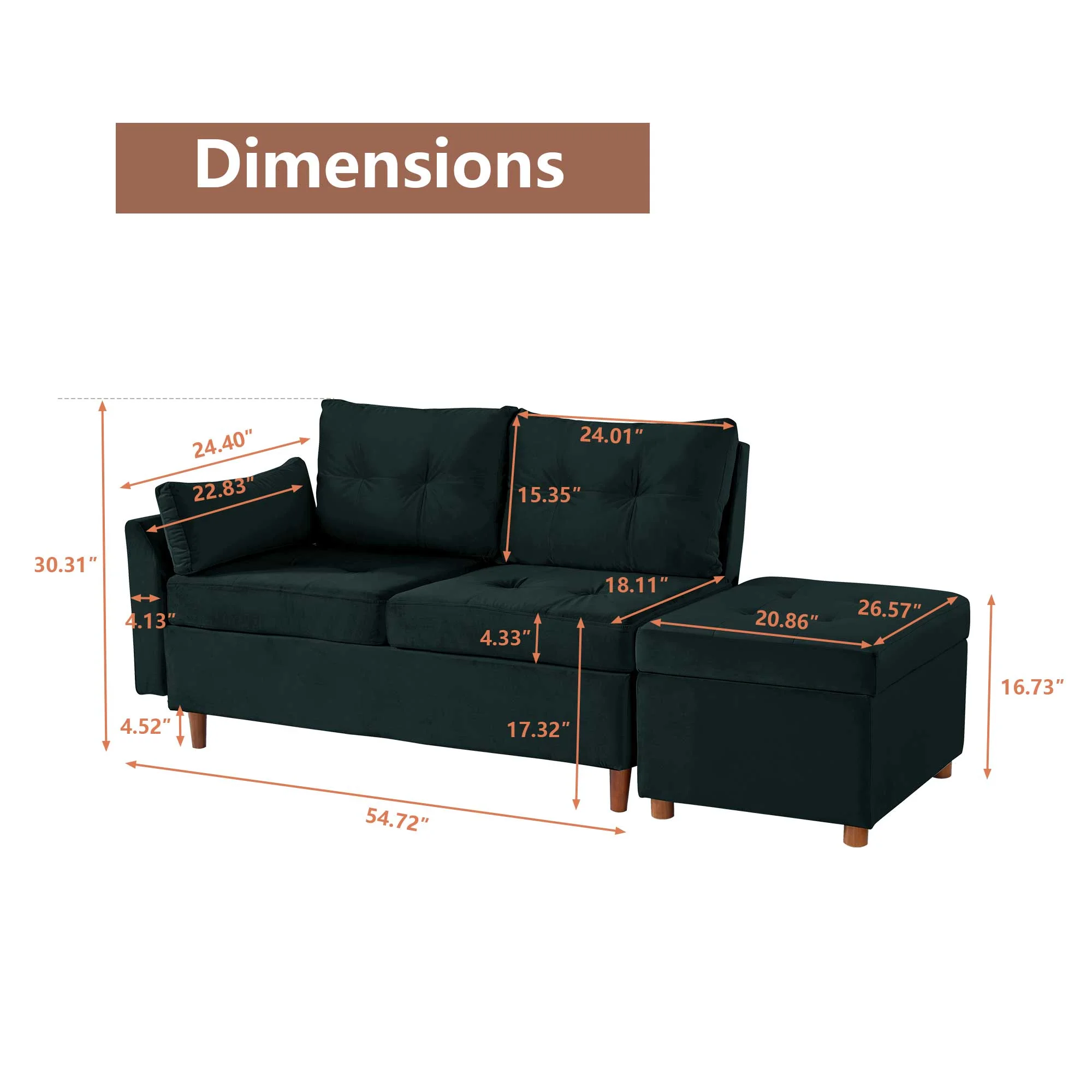 Giratree Free Combination Sectional Sofa and Couch, Velvet Fabric Modern 2-3 Seat Sofa with Storage Ottoman, Black