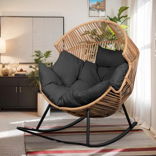 Vongrasig Outdoor Wicker Egg Chair PE Rattan Chair with Cushion, Oversized Patio Lounge Chair for Outdoor, Indoor, Balcony, Backyard, Garden, Black