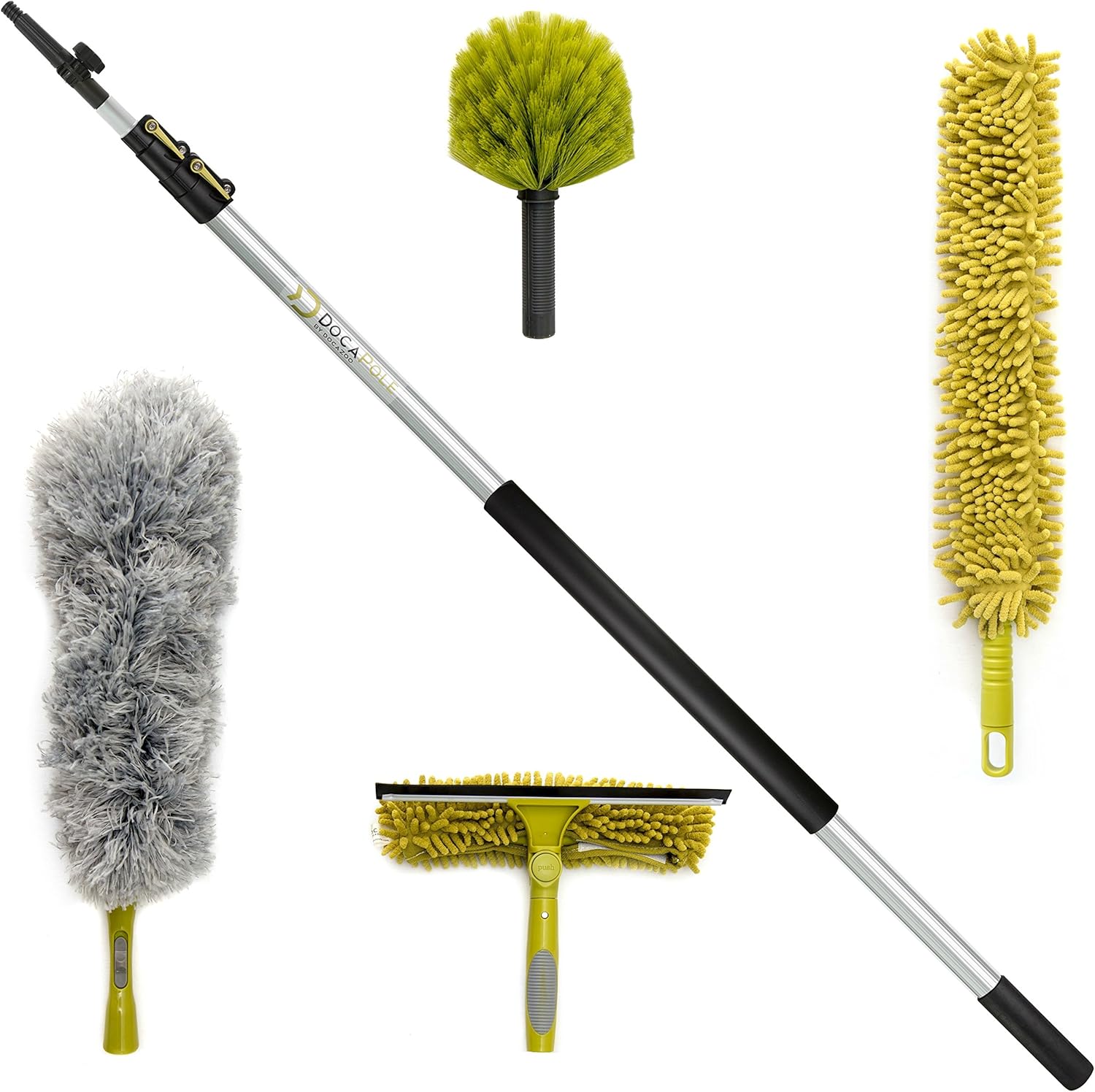 DocaPole 30 ft Reach Cleaning Kit with 6-24 Foot Telescoping Extension Pole, 3 Dusting Attachments 1 Window Squeegee & Washer, Cobweb Duster