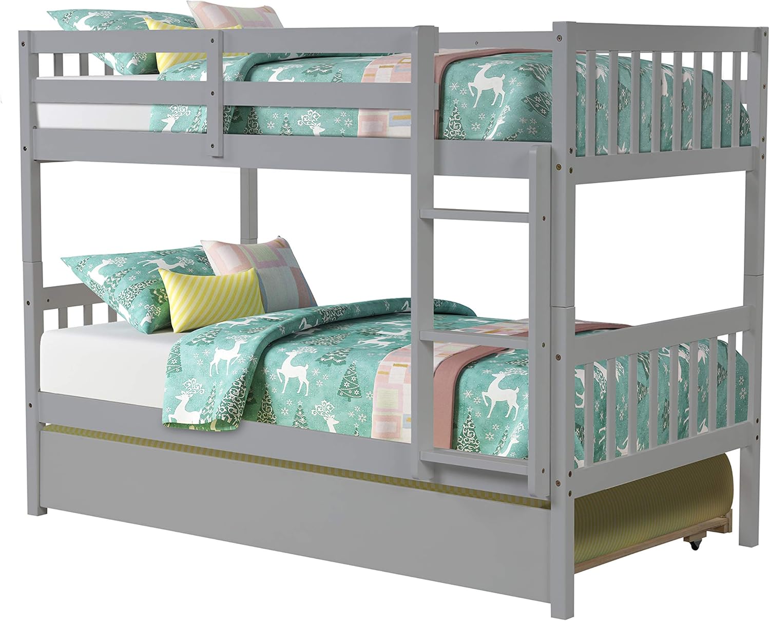 AWQM Bunk Beds,Twin Over Twin with Trundle,Can Be Converted into 2 Beds Solid Wood Trundle Bed Frame with Safety Rail and Ladder