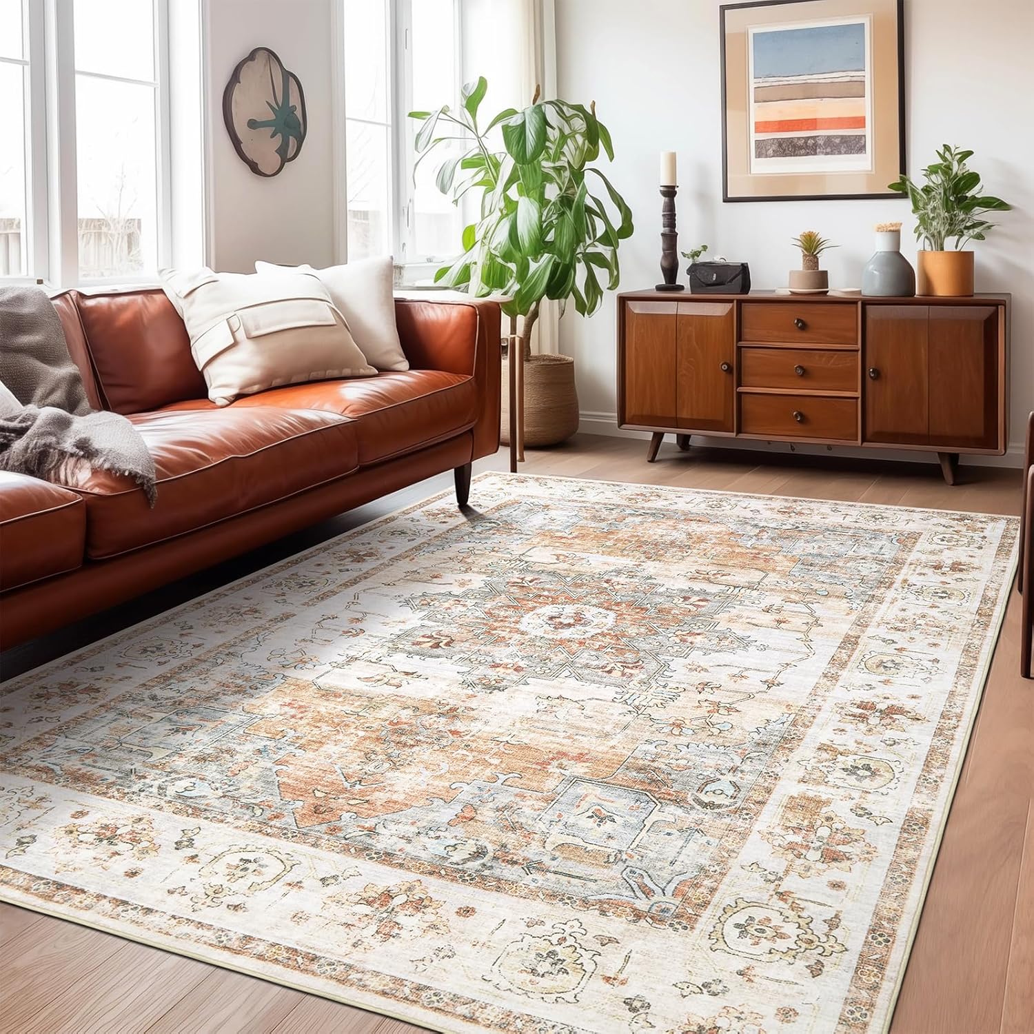 Vintage Living Room Area Rug 9x12 - Large Washable Soft Low-Pile Rugs