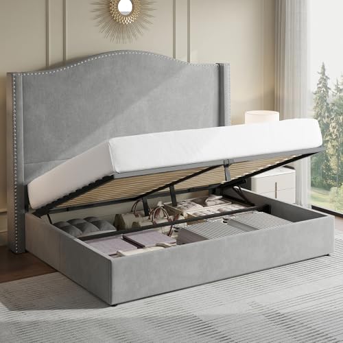 Jocisland Lift Up Storage Bed Queen Size, Upholstered Platform Bed Frame Tall Headboard Wingback