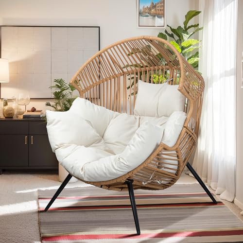Vongrasig Outdoor Wicker Egg Chair PE Rattan Chair with Cushion, Oversized Patio Lounge Chair for Outdoor, Indoor, Balcony, Backyard, Garden, Black