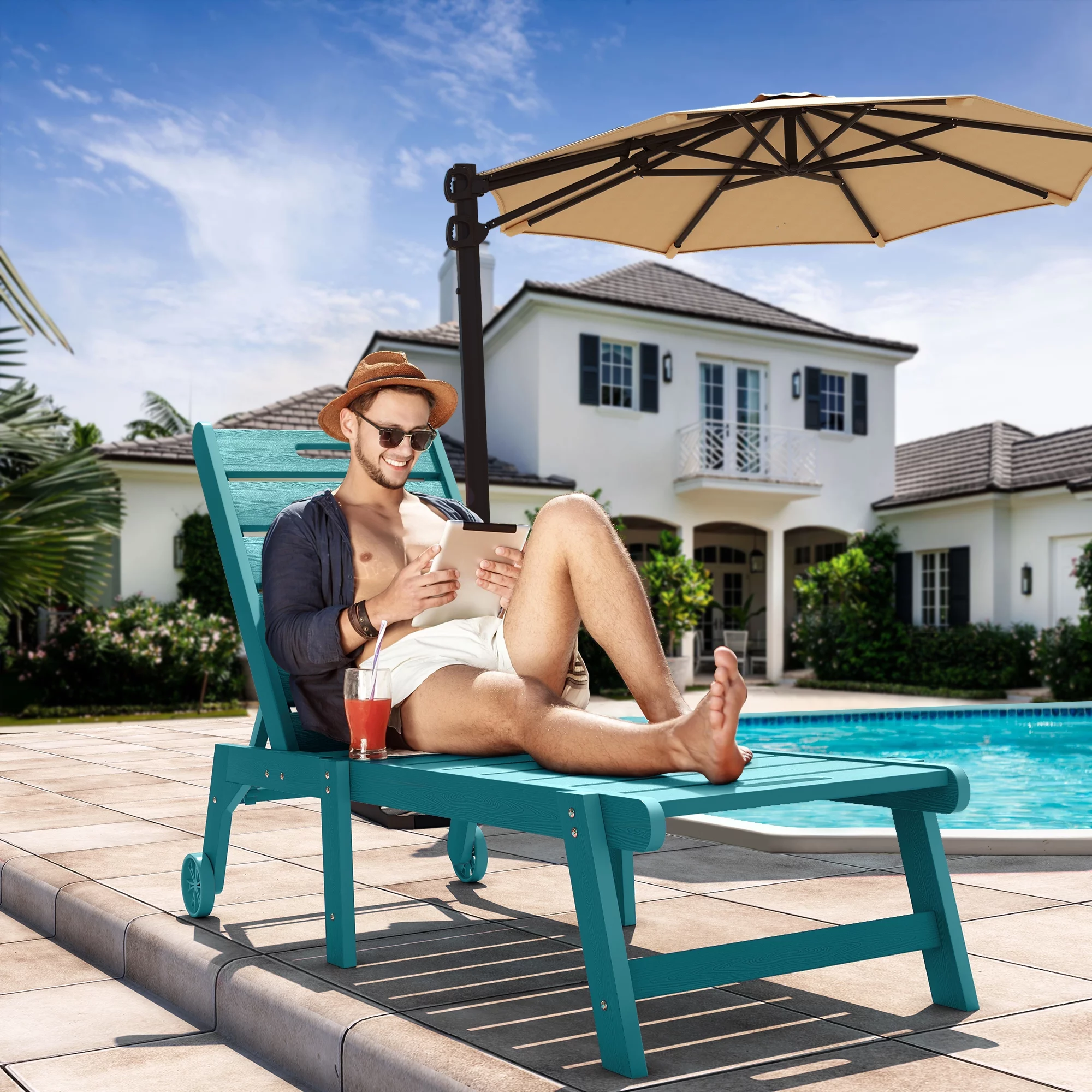 Dextrus 2 Pieces Patio Chaise Lounge Chairs Furniture Set, Pool Reclining Chaise Chairs With Wheels