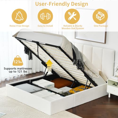 VELOCAVA Queen Size Lift-Up Storage Bed, Upholstered Boucle Bed with Curved Headboard, Rounded Corners, Sturdy Wooden Slat Support