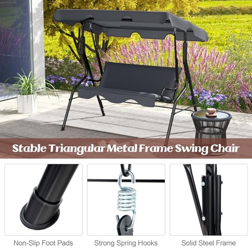 Tangkula 3 Person Porch Swing, Patio with Removable Cushion & Powder-Coated Steel Frame, Outdoor Swing with Canopy for Porch, Backyard, Garden