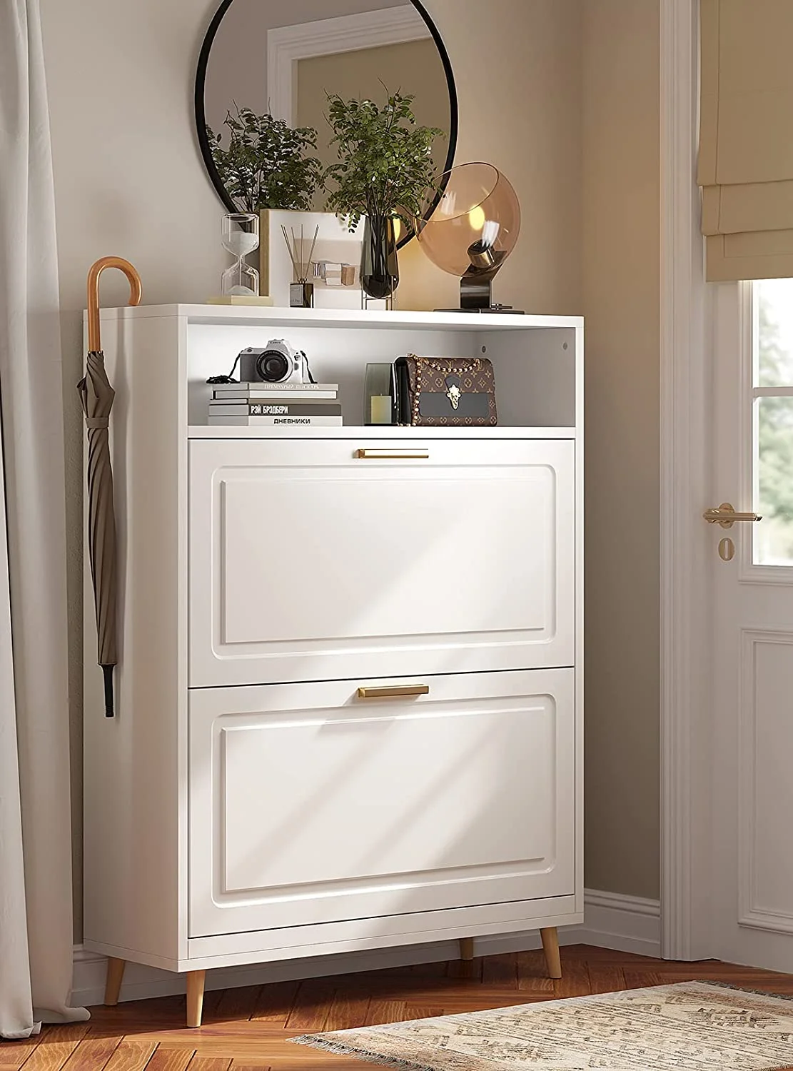 Shoe Cabinet for Entryway Slim Entryway Shoe Storage Cabinet with 2 Flip Drawers Size up to Men's 13 White Narrow Shoe Cabinet Freestanding Hidden