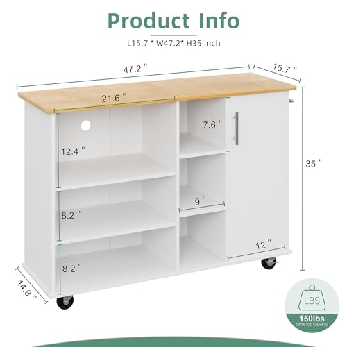 Shintenchi Rolling Kitchen Island Cart with Folding Drop Leaf Breakfast Bar, Portable Trolley Island with Large Storage Cabinet, Shelf and Drawer