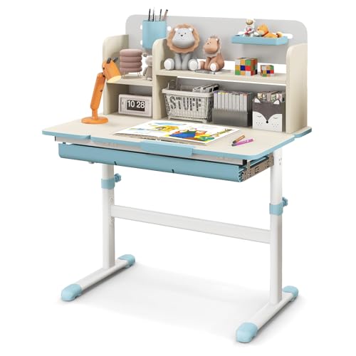 HONEY JOY Kids Desk, Children School Study Desk w/ 7-Level Tiltable Desktop, Height Adjustable Table w/Bookshelf, Pull-Out Drawer & Pen Holder