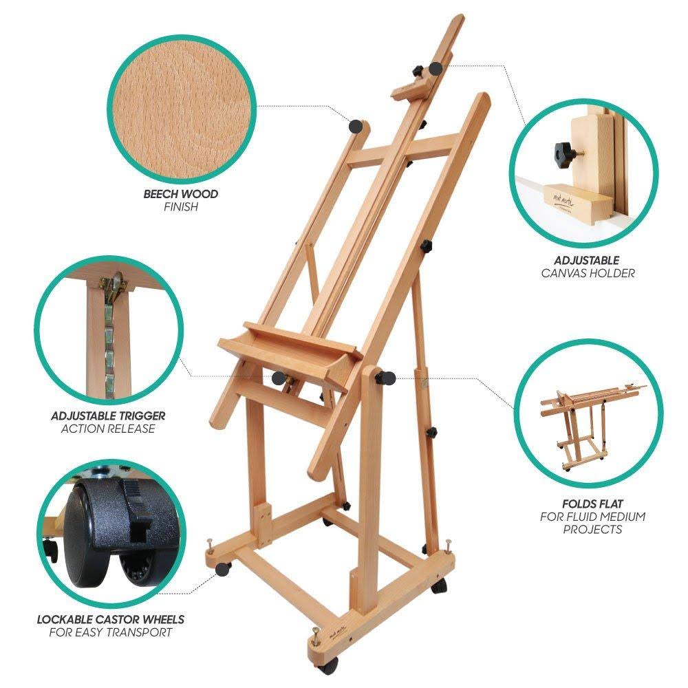 Mont Marte Tilting Studio Wooden Floor Easel. Height Adjustable Extra Large H-Frame Featuring A Large Tilt Range. Castor Wheels