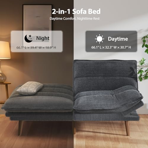 Pipishell Convertible Futon Sofa Bed,66" Corduroy Futon Couch with Adjustable Backrest and Armrests, Recliner Sleeper Sofa for Small Spaces