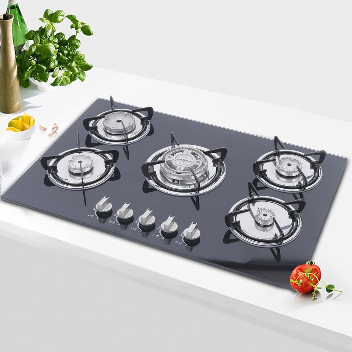 30 Inch Gas Cooktop 5 Burners Gas Stove Gas Hob Stovetop Tempered Glass Cooktop Cast Iron Grates Built-in Gas Stove Top LPG/NG Gas Cooktop Flameout