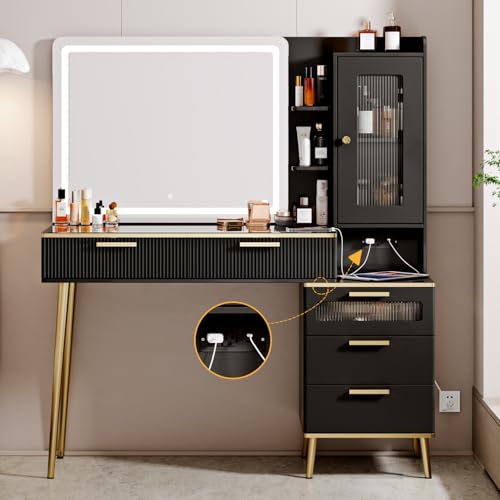 47.24" Big Modern Vanity Desk with Mirror and Lights, Vanity Desk with 29.53" HD Lighted Mirror