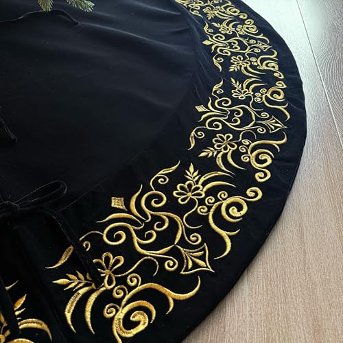 72-Inch Victorian Velvet Christmas Tree Skirt with Gold Damask Embroidery and Plush Lace Ties, Burgundy