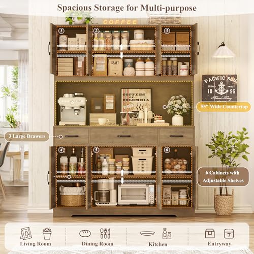 HOSTACK 71" Tall Kitchen Pantry Storage Cabinet with Charging Station, 55" Wide Kitchen Hutch Cabinet with Large Countertop