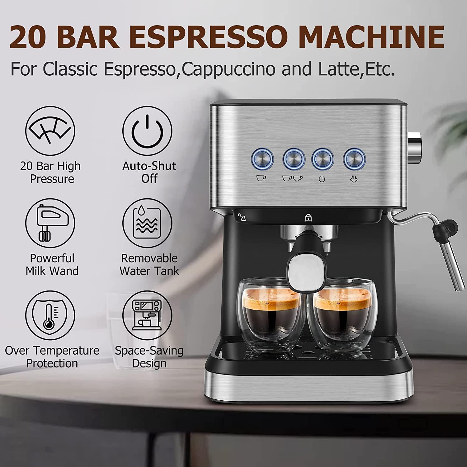 Coffee Espresso Machine, 20 Bar Semi-Automatic Espresso Machine with Milk Frother Steam Wand, Coffee Maker for Cappuccino, Latte