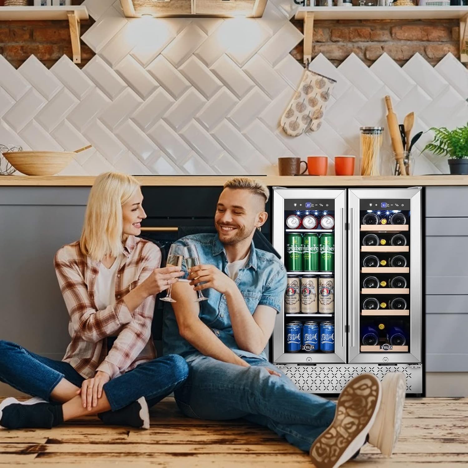 Tylza Wine and Beverage Refrigerator 24 Inch Dual Zone, French Door Wine and Beverage Cooler 24'' Built-In or Freestanding Drink Fridge