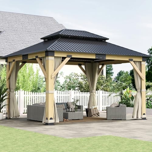 12'x12' Hardtop Gazebo, Outdoor Double Roof Galvanized Steel Gazebos, Aluminum Frame Permanent Pavilion with Curtains & Netting for Backyard, Patio