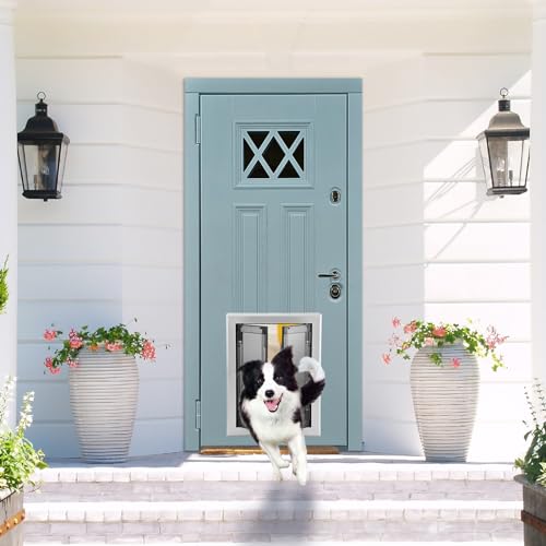 Large Dog Door, Aluminum Frame Doggy Door, Weatherproof Dogs Doors with Automatic Closing Double Panels for Energy Efficient