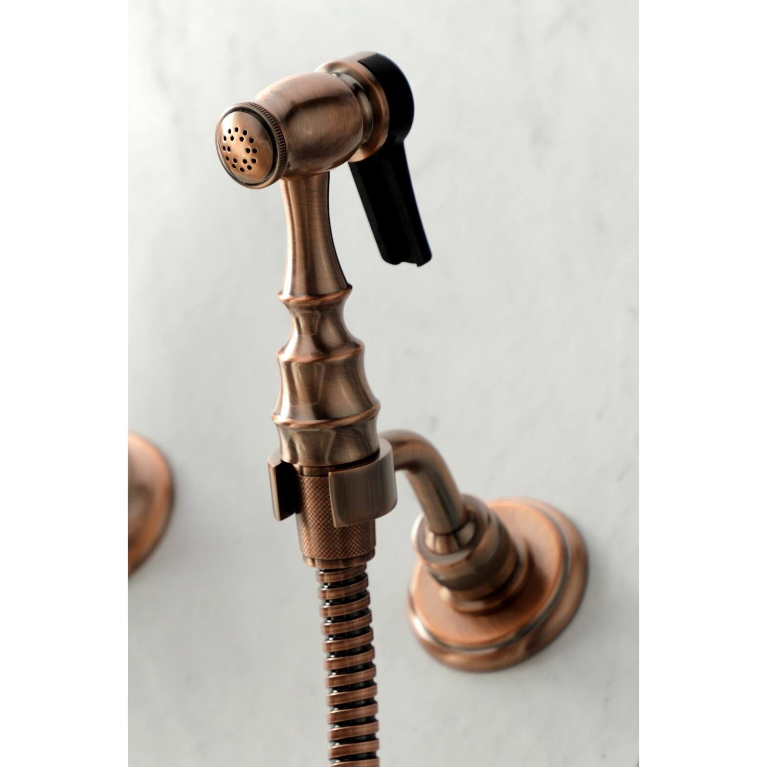 Heritage Two-Handle Wall Mount Bridge Kitchen Faucet with Brass Sprayer - Antique Copper