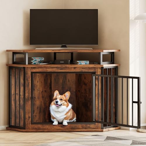 IRONCK 51" Corner Wooden Dog Crate Furniture with 2-Tier Shelves, Pet Kennel for Large Dogs, Space-Saving Dog Cage Indoor