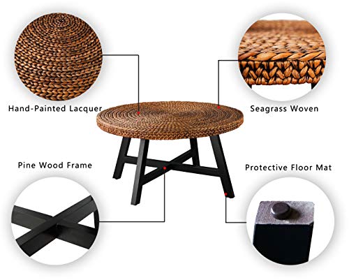 RANDEFURN Coffee Table Round, Seagrass Coffee Tables,Pine Wood X Base Frame Cocktail Table, Easy Assembled, Multiple Sizes for Living Room