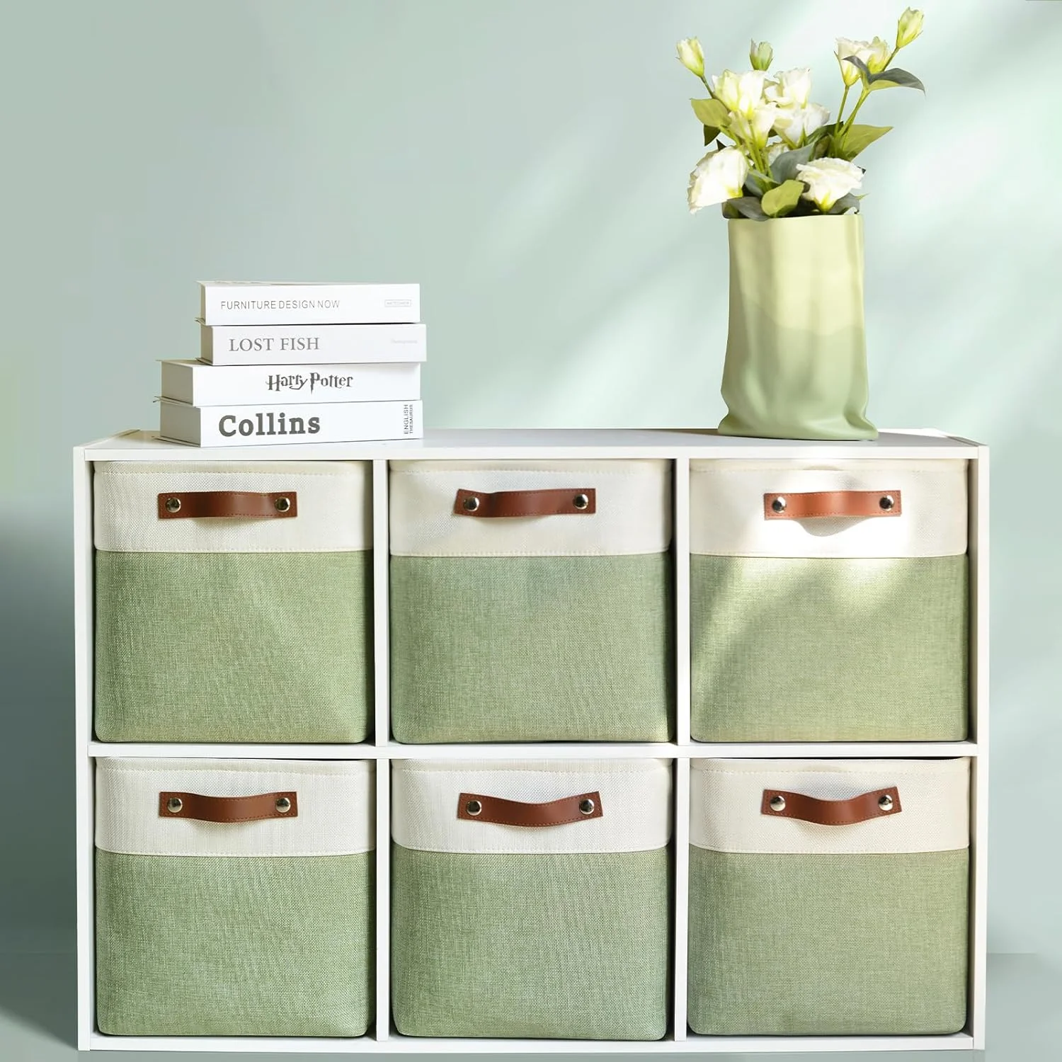 Collapsible Fabric Cube Storage Bins 11x11×11, Pack of 6 Closet Basket Boxes with PU Handles for Organizing Shelves, Toys, Clothes, Home, Laundry