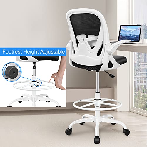 Primy Drafting Chair Tall Office Chair with Flip-up Armrests Executive Ergonomic Computer Standing Desk Chair with Lumbar Support and Adjustable