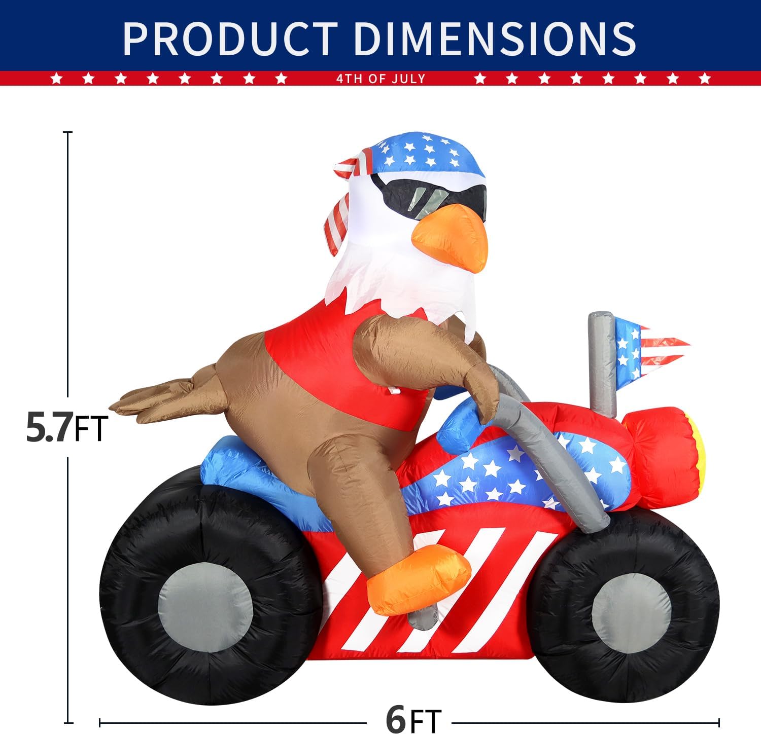 DomKom 6 FT Patriotic Independence Day 4th of July Inflatable Outdoor Decoration, Bald Eagle Sitting on Motorcycle