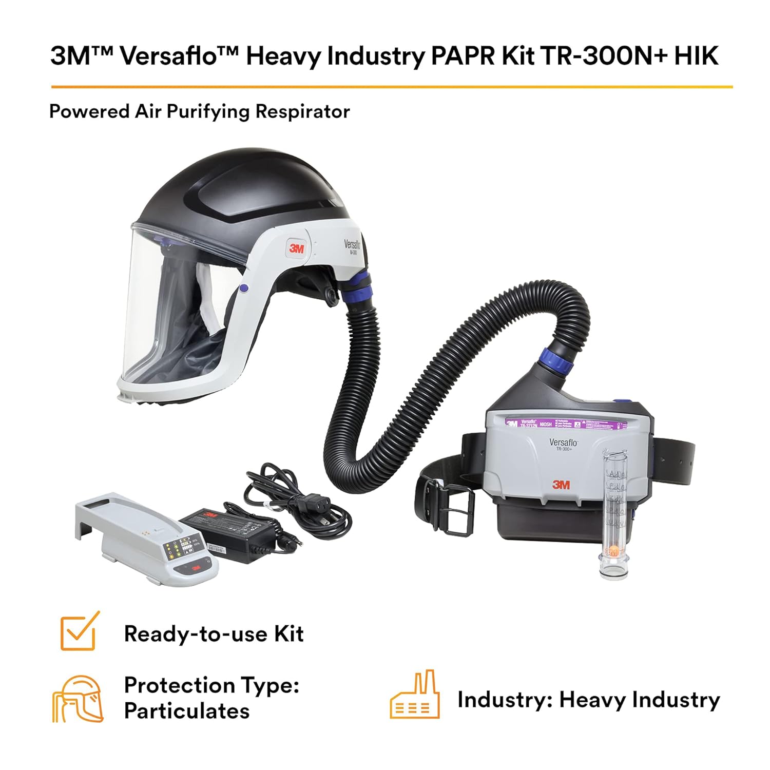 3M PAPR Respirator, Versaflo Powered Air Purifying Respirator Kit, TR-300N+ HIK, Heavy Industry, Hard Hat Assembly