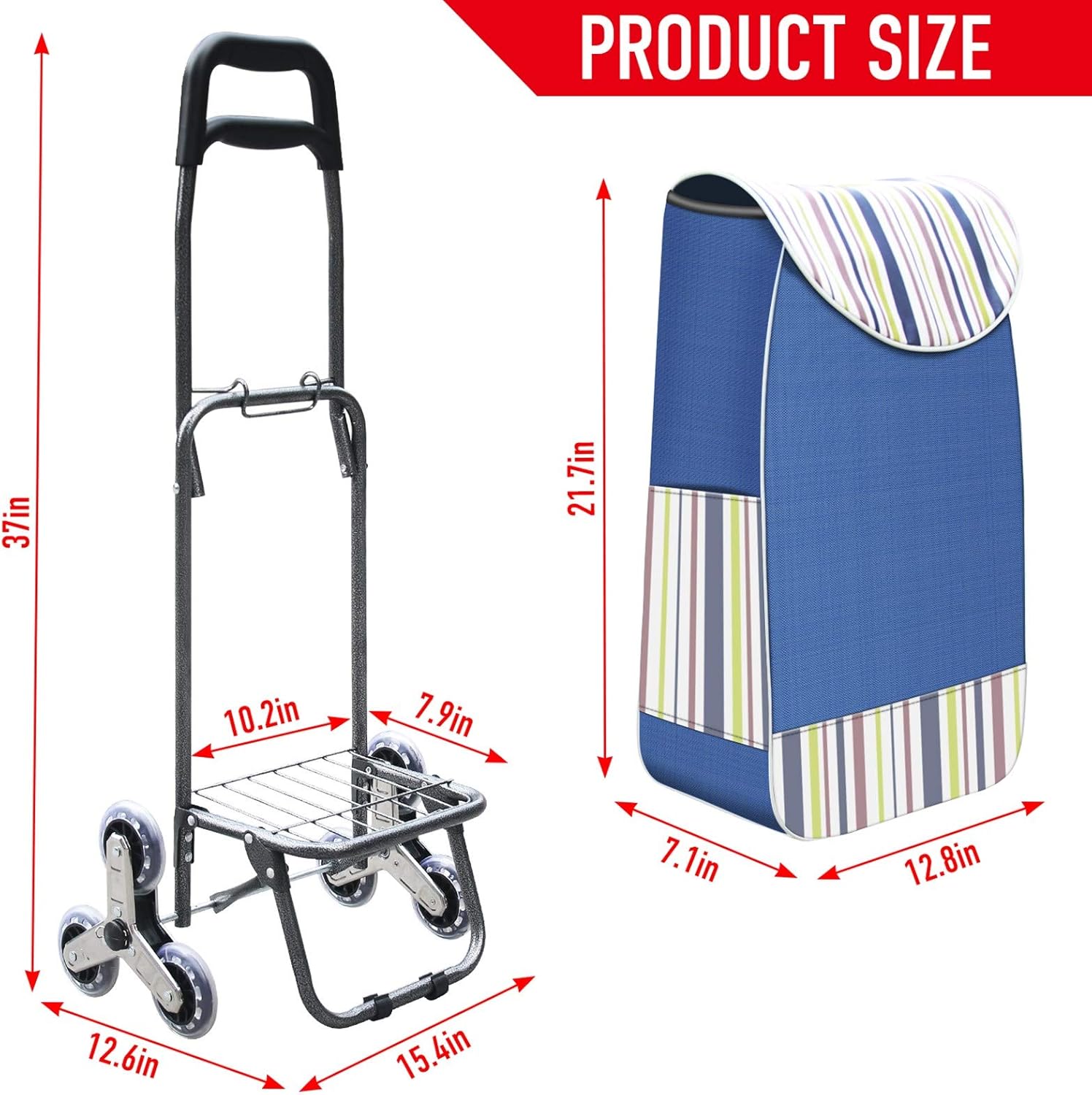 Foldable Shopping Cart, Heavy Duty Grocery Cart with Rubber Tri-Wheel for Easy to Climb Stairs