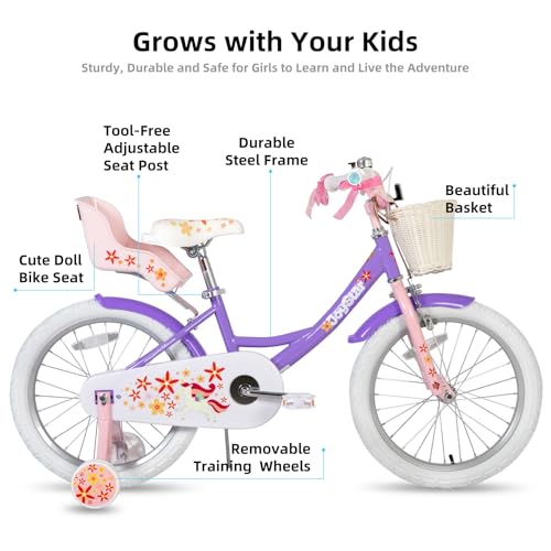 JOYSTAR Unicorn Kids Bike for Girls Ages 2-9 Years Old, 12 14 16 18 Inch Kids Bike with Training Wheels, Doll Seat, Streamers and Basket