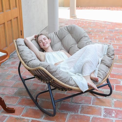 SWITTE Outdoor Rocking Chair, Oversized Patio Papasan Rocker, Comfy Wicker Reading Lounge, Indoor Egg Chair for Bedroom, Living Room, Porch, Garden