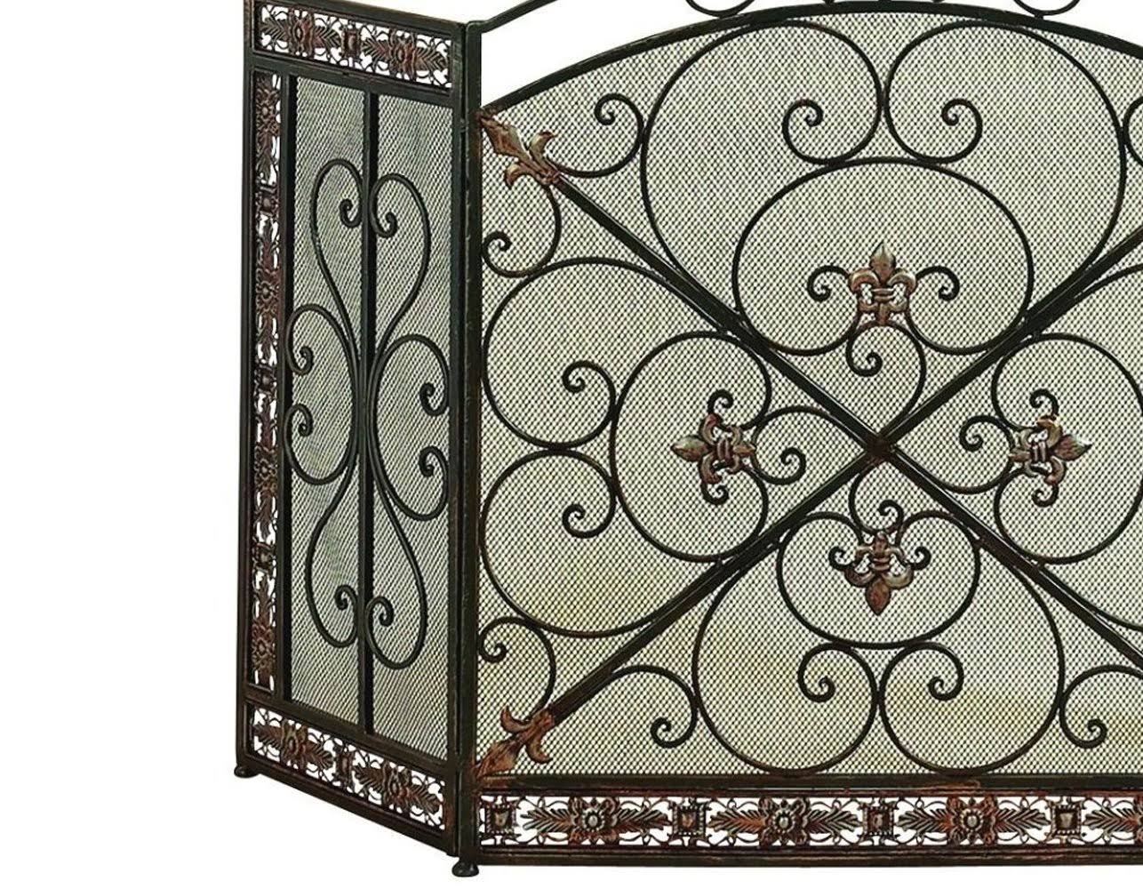 Benzara Traditional Design 3- Panel Metal Fire Screen, Bronze