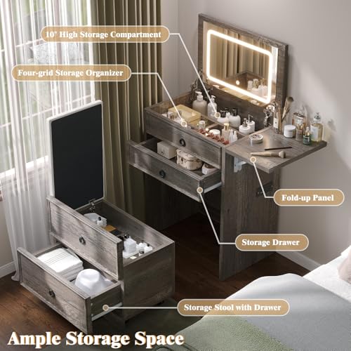3-in-1 Vanity Set with LED Lighted Flip Top Mirror, Makeup Table with Fold-Up Panel, Hidden Stool, Charging Station