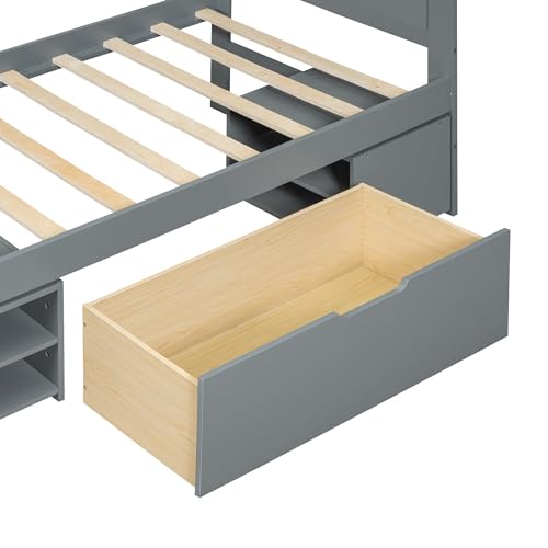 SOFTSEA Full Size Platform Bed with Storage, Platform Bed with Drawers and Bed End Case, Wood Platform Bed Frame with Storage Bookcase Headboard