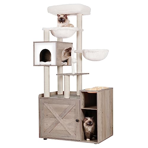 Hey-brother Cat Tree with XL Litter Box Enclosure, All-in-one Cat Tower for Indoor Cats with Large Hammock, Bed, Food Station, Scratching Posts