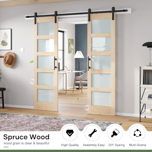 42x84 inch Glass Sliding Barn Door Slab with 7ft Hardware Kit Included, 5-Panel Frosted Glass, Spruce Wood Support DIY Dyeing, Easy Assembly