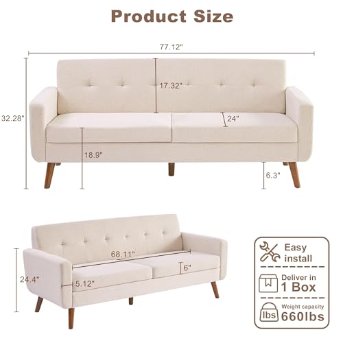Tbfit L Shaped Couch Sofa, 80" W Mid-Century Modern Sectional Couches, 3 Seater Sofas with Wide Chaise Lounge & Two Pillows