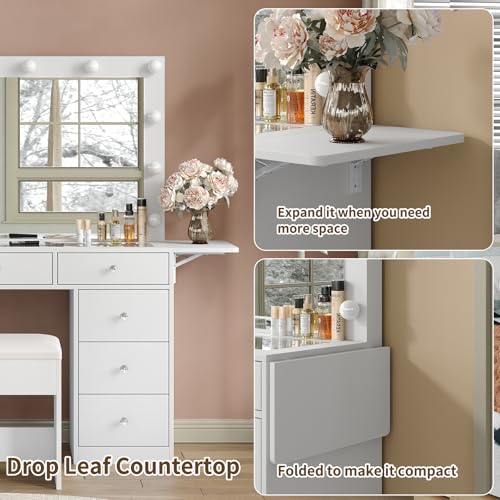55" W Vanity Desk, Makeup Vanity with Charging Station, 15 Drawers with Lighted Mirror, 3 Lighting Modes, Brightness Adjustable, Glass Top