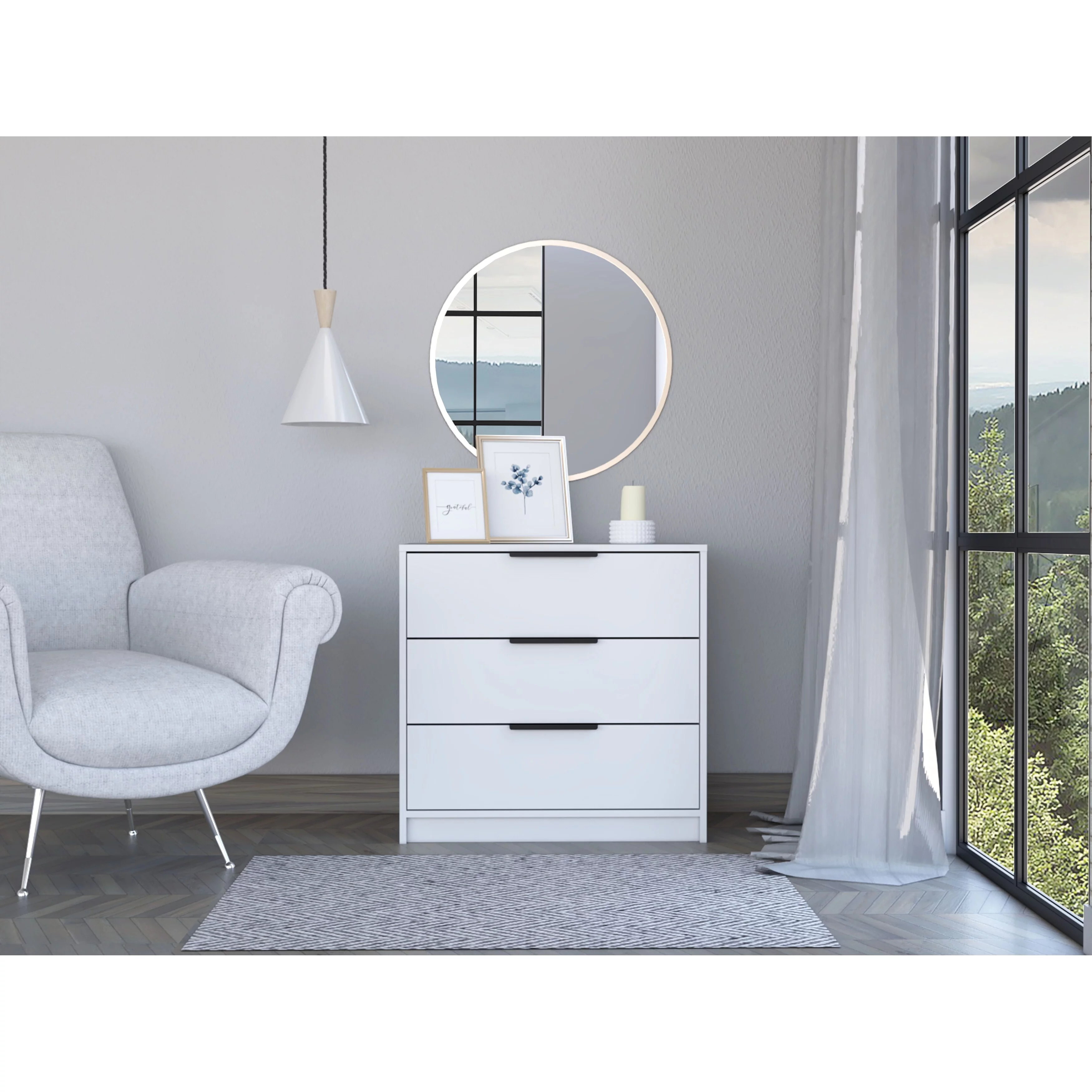 HomeRoots  28" White Manufactured Wood Three Drawer Standard Dresser