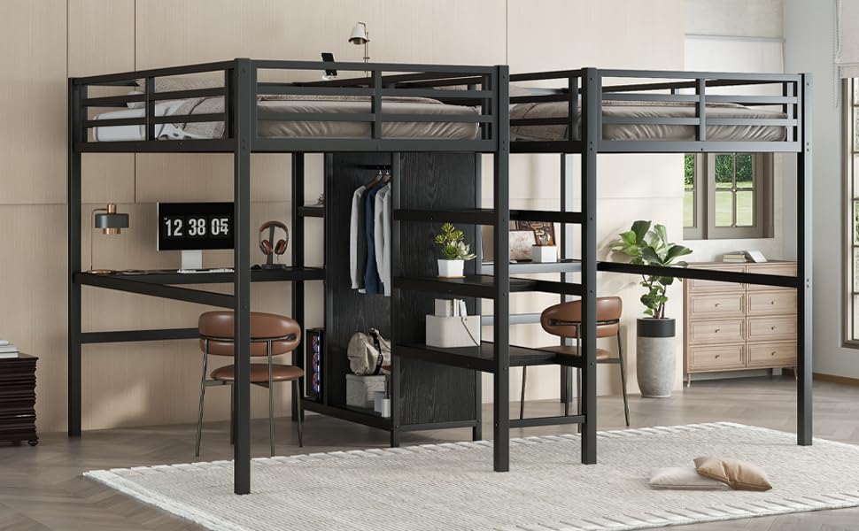 Bellamave Metal Loft Bed with Wardrobe and L-Shaped Desk, Full Size Loft Bed with Storage Cubes and Shelves, Heavy Duty LoftBed for Kids Teens Adults
