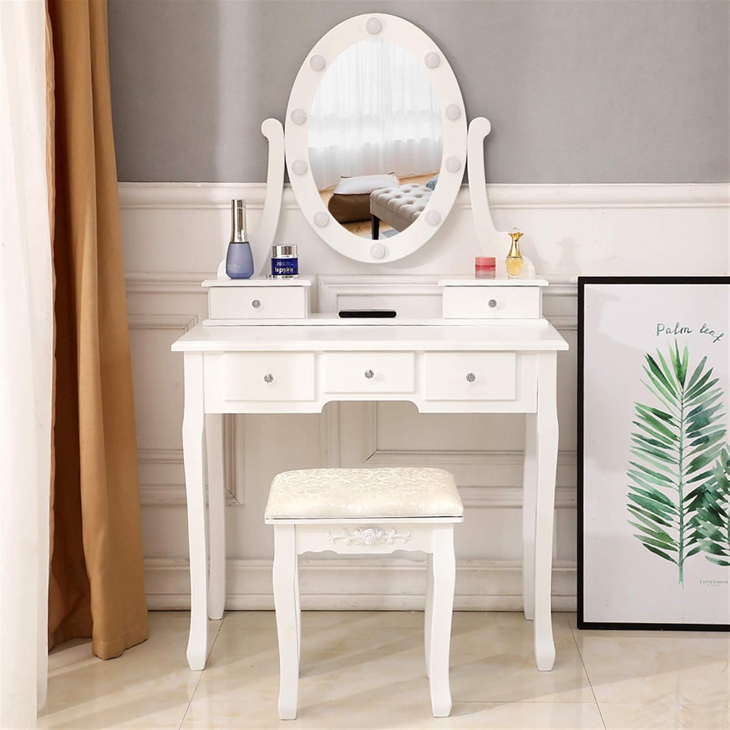 White Lighted Makeup Vanity Set - Makeup Desk with 360° Rotating Oval Mirror and Cushioned Stool - Make-up Vanity Station with Removable Top