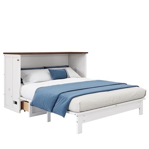 Merax Modern Farmhouse Solid Wood Murphy Bed Chest/Space Saving/Wood Slat Support/Queen,White+Walnut